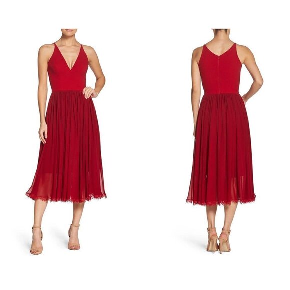 Dress the Population Alicia Mixed Media Midi Dress Color-Red Size/Large MSRP$198 - Picture 2 of 13